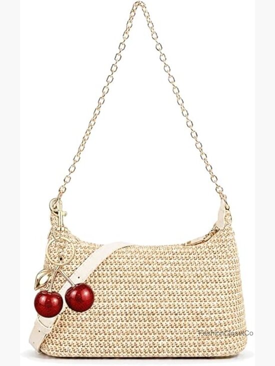 Handbags - Straw Shoulder Bag with Cherry Pendant, Woven Crossbody Purse with Zipper